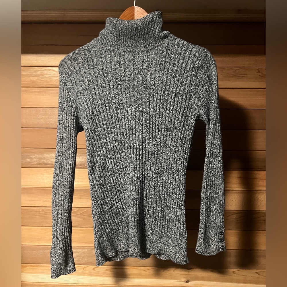 Gray Ribbed Turtleneck Sweater with Button Detail
